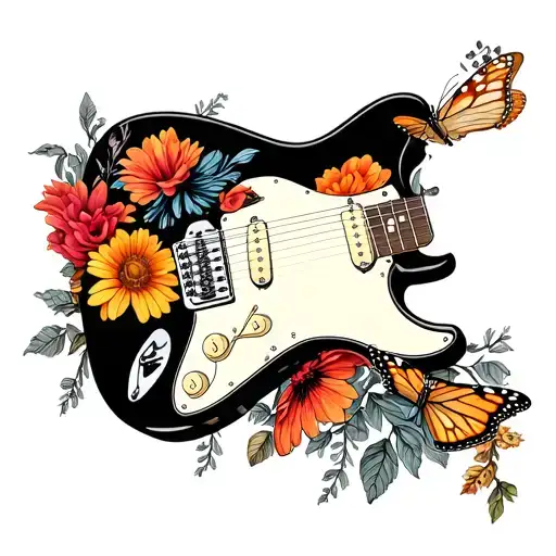 A Fender Telecaster Guitar Intertwined With Monarch Butterflies And Flowers
