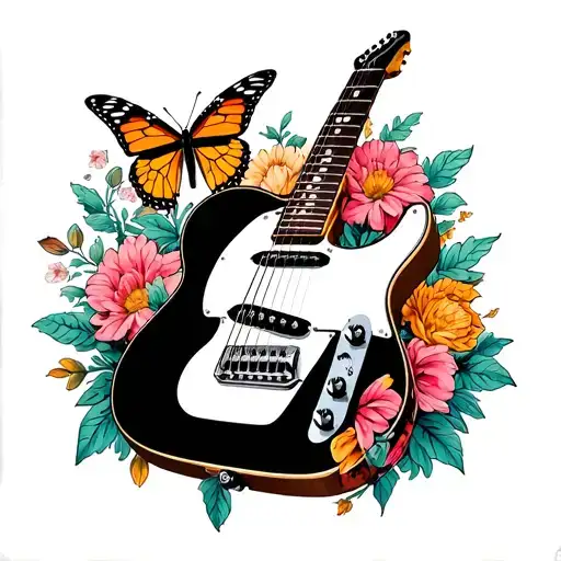A Fender Telecaster Guitar Intertwined With Monarch Butterflies And Flowers