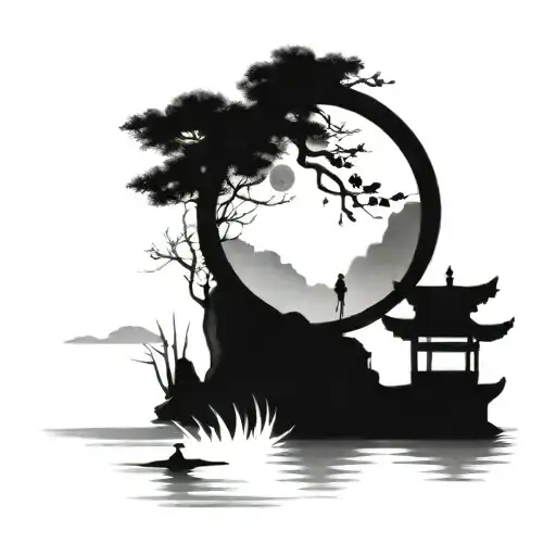 One Simple Enso Zen Circle Tori Gate Lake Scene
