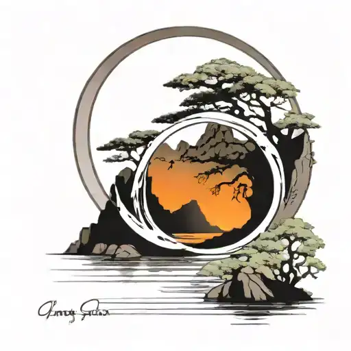 One Simple Enso Zen Circle Tori Gate Lake Scene