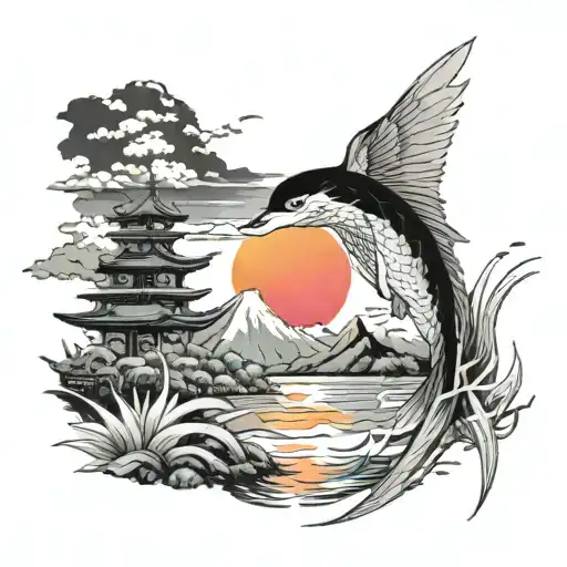 Japanese Tori Reflect Lake Scene