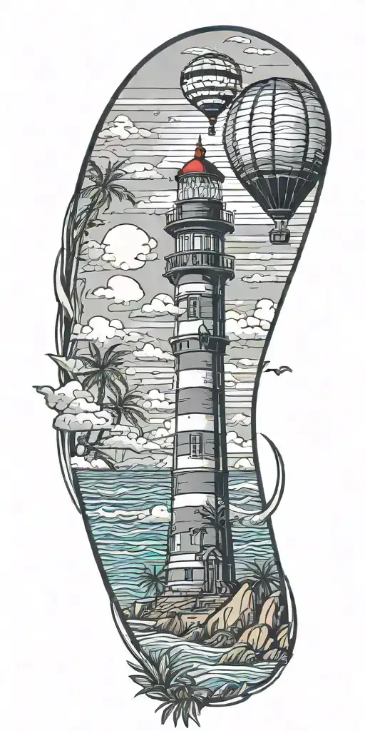 Light House Beach Scene With Palm Trees And Hot Air Balloons