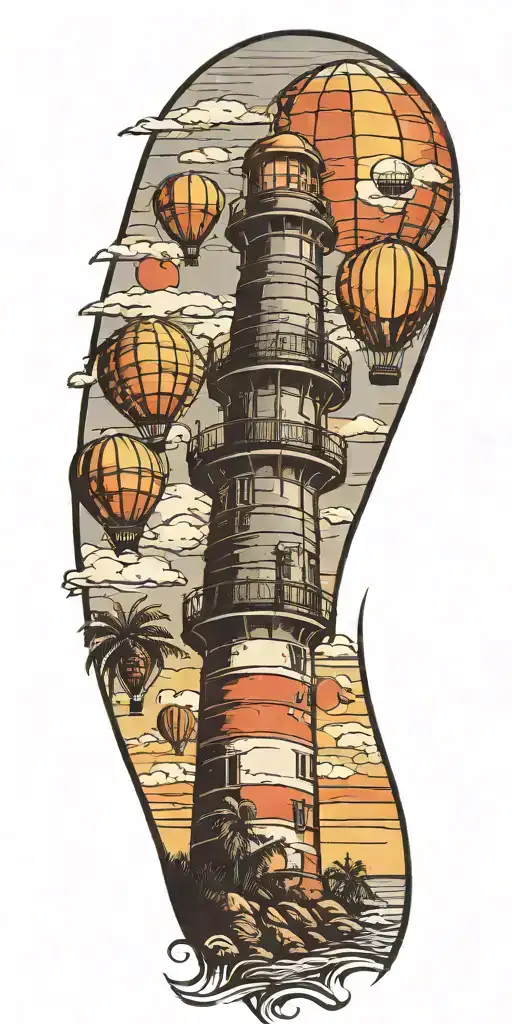 Light House Beach Scene With Palm Trees And Hot Air Balloons