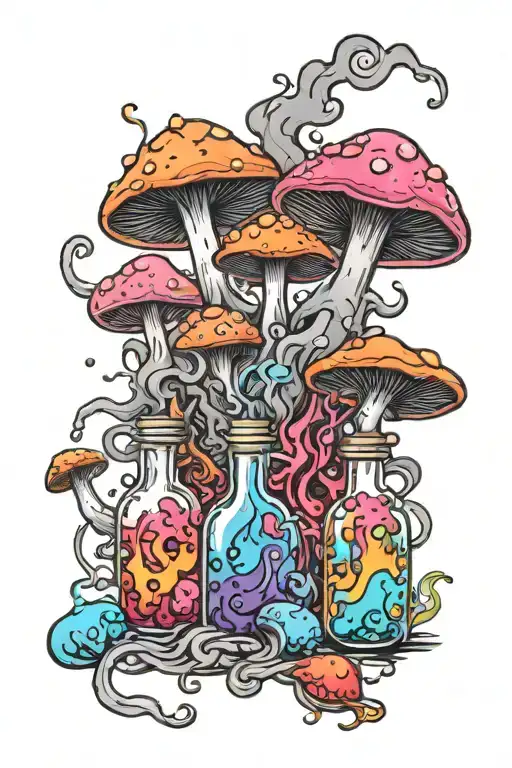 Liquid-filled Potion Bottles With Colorful Smoke And Color Filling Psychedelic Mushrooms Everywhere