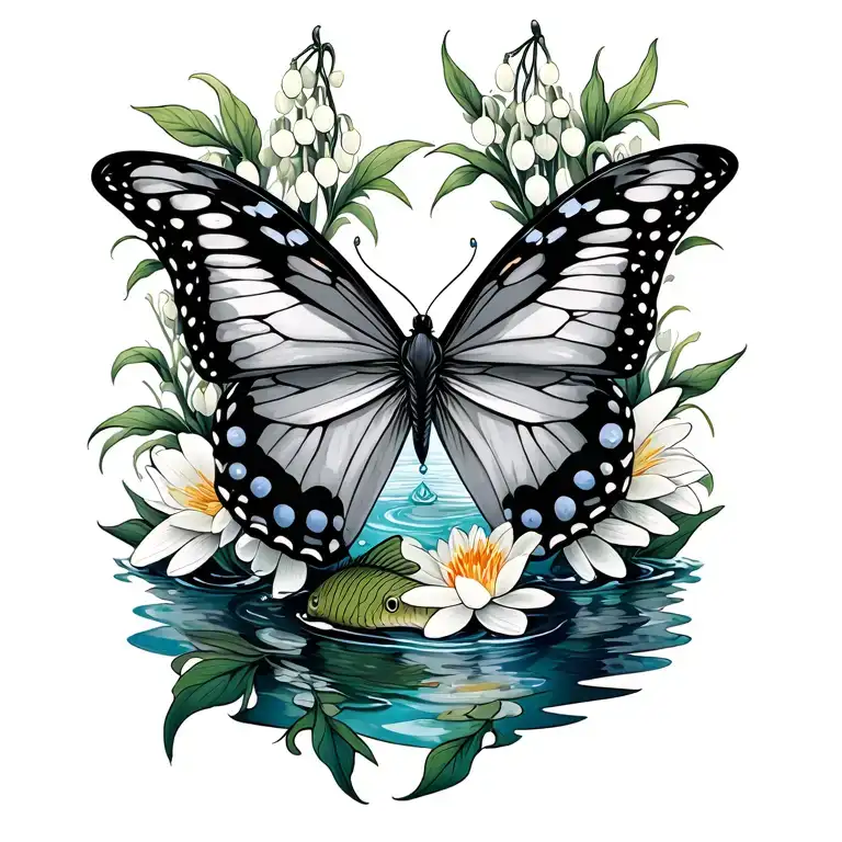 Aquarius And Pisces Butterfly Surrounded By Water And Lily Of The Valley And Fish
