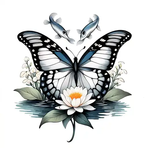 Aquarius And Pisces Butterfly Intertwined Surrounded By Water Lily Of The Valley And Fish