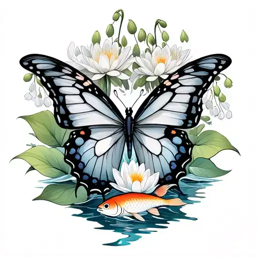 Aquarius And Pisces Butterfly Intertwined Surrounded By Water Lily Of The Valley And Fish