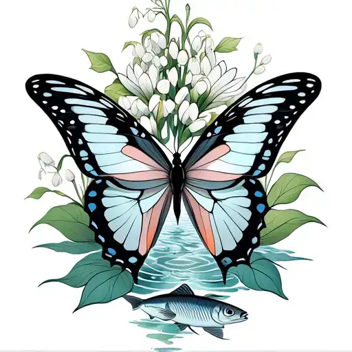 Aquarius And Pisces Butterfly Intertwined Surrounded By Water Lily Of The Valley And Fish