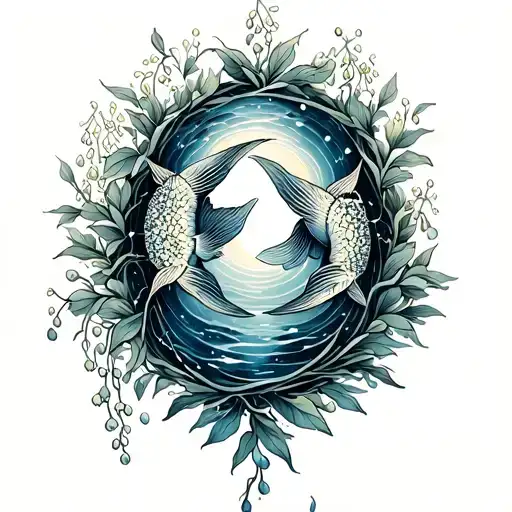 Aquarius And Pisces Constellation Intertwined Vines Surrounded By Water And Lily Of The Valley