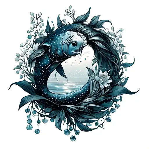 Aquarius And Pisces Constellation Intertwined Vines Surrounded By Water And Lily Of The Valley