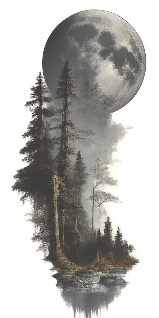 Massive Forest Landscape With Huge Moon In The Background