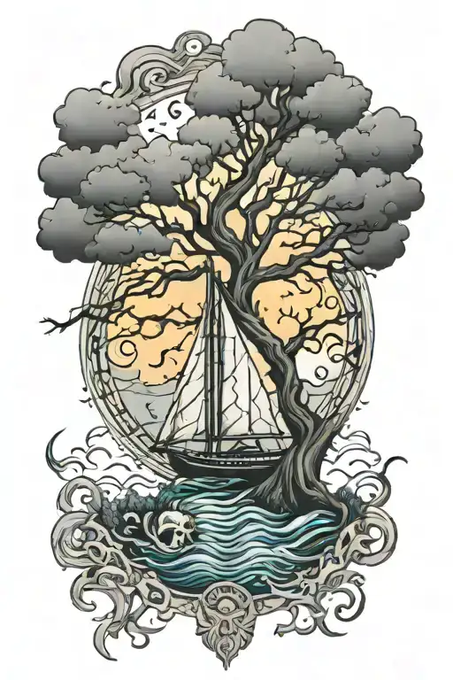 Tree Of Life With A Sailboat In The Storm And A Wolf And A Skull