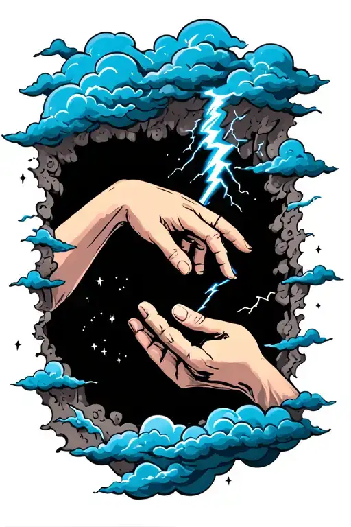 A Hand Helping Someone Out Of A Hole Surrouned By Clouds Lightning And Stars