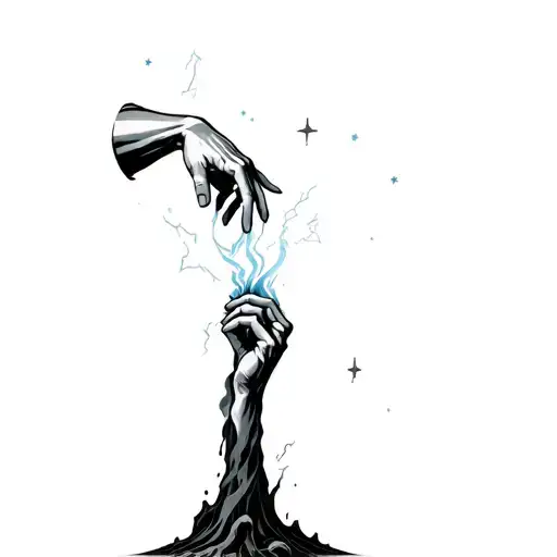 A Hand Helping Someone Out Of A Hole Surrouned By Clouds Lightning And Stars