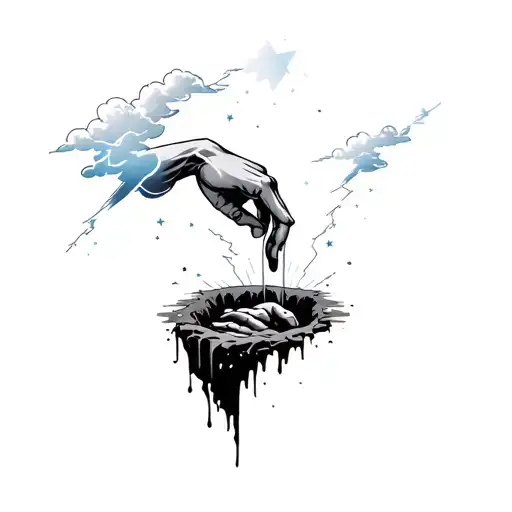 A Hand Helping Someone Out Of A Hole Surrouned By Clouds Lightning And Stars