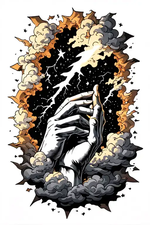 A Hand Grabbing Someone Out Of A Hole Surrouned By Clouds Lightning And Stars