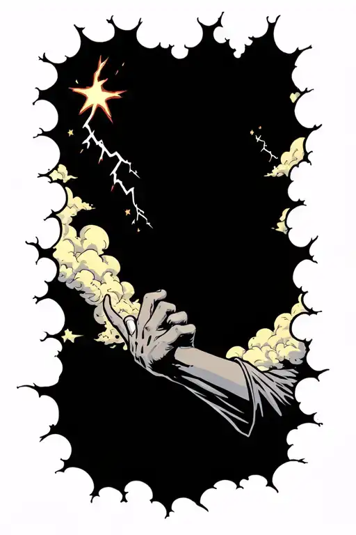 A Hand Grabbing Someone Out Of A Hole Surrouned By Clouds Lightning And Stars