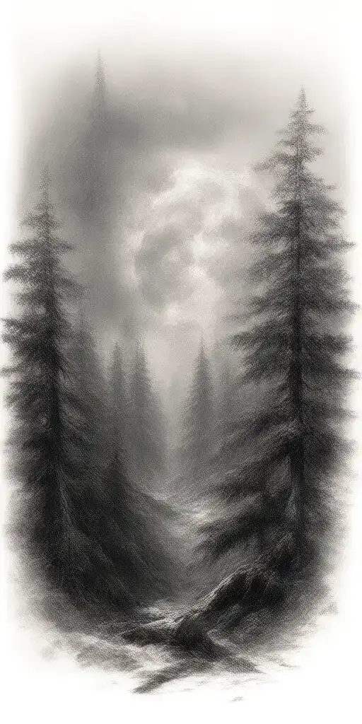 Massive Forest Landscape With Huge Moon In The Background