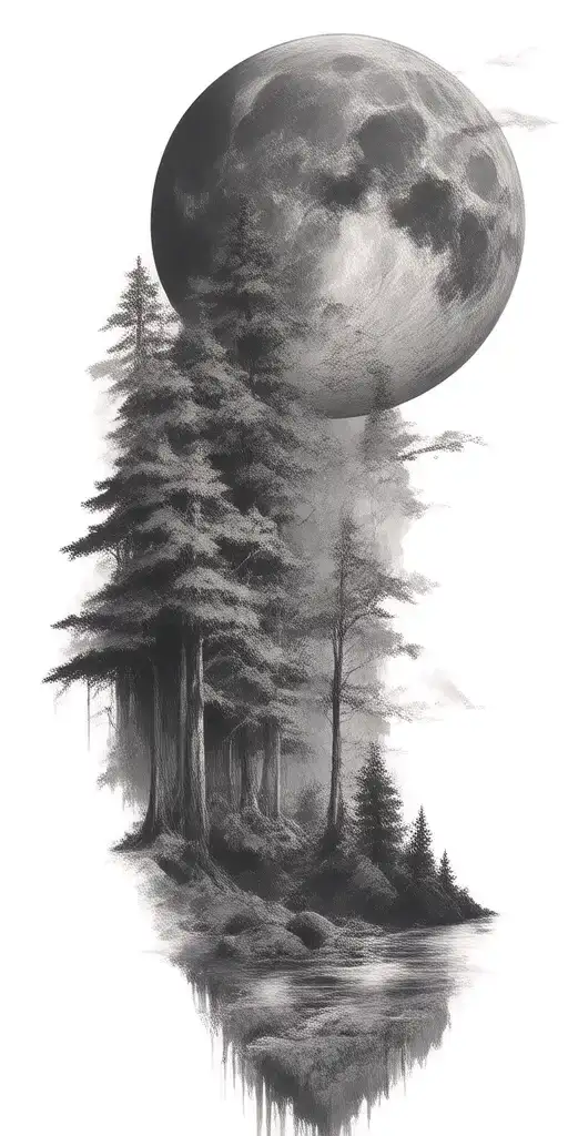 Massive Forest Landscape With Huge Moon In The Background