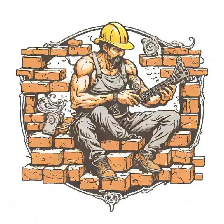 A Detailed Tattoo Of A Bricklayer Laying Bricks With Musical Notes Flowing Around Them