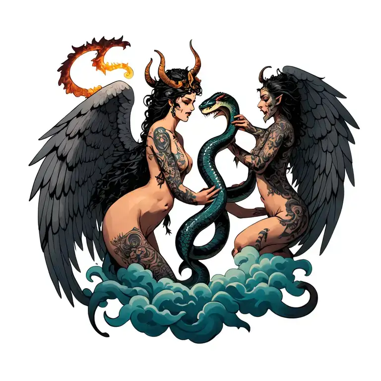 Sexy Angel Being Friends With Demon Holding A Snake In The Clouds Earthy Shading