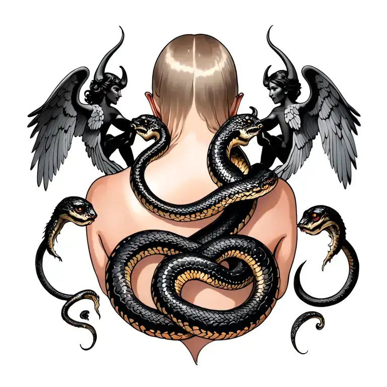 Whole Back Piece With Angels Devils And A Large Snake Throughout The Whole