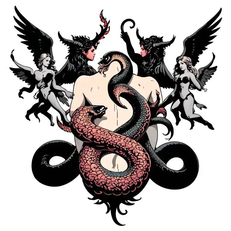 Whole Back Tatoo With Angels Devils And A Large Snake Throughout The Whole