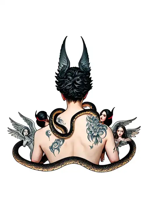 Whole Back Tatoo With Angels Devils And A Large Snake Throughout The Whole