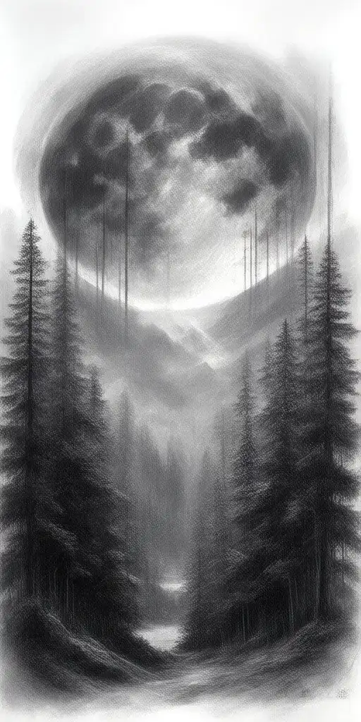 Massive Forest Landscape With Huge Moon In The Background