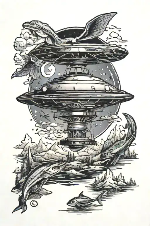 A Ufo Abducting A Fish From A Mountain Lake Scene