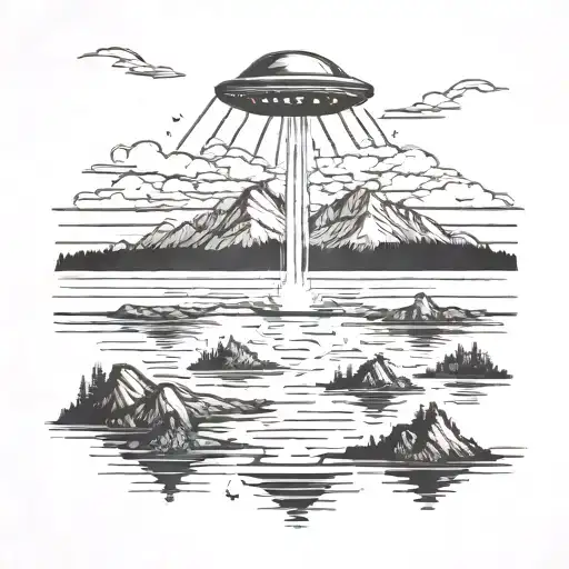 Ufo Abduction In A Mountain Lake Landscape Tattoo Idea