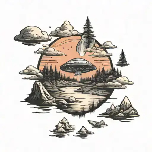 Ufo Abduction In A Mountain Lake Landscape Tattoo Idea