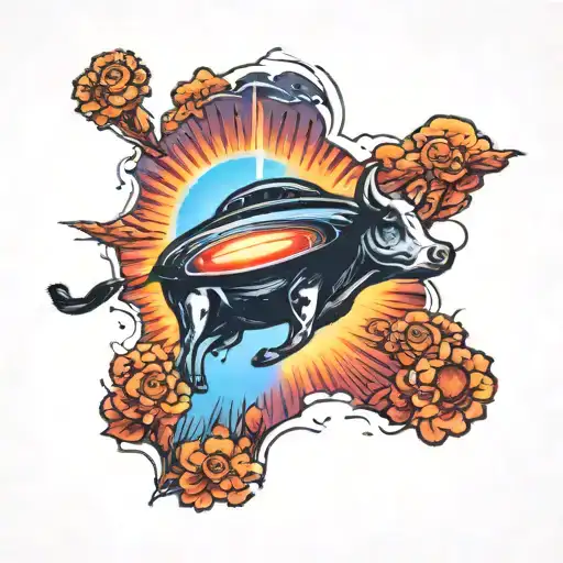 A Tattoo Of A Ufo Abduction Beam Shining Down On A Cow In A Farm Field At Night