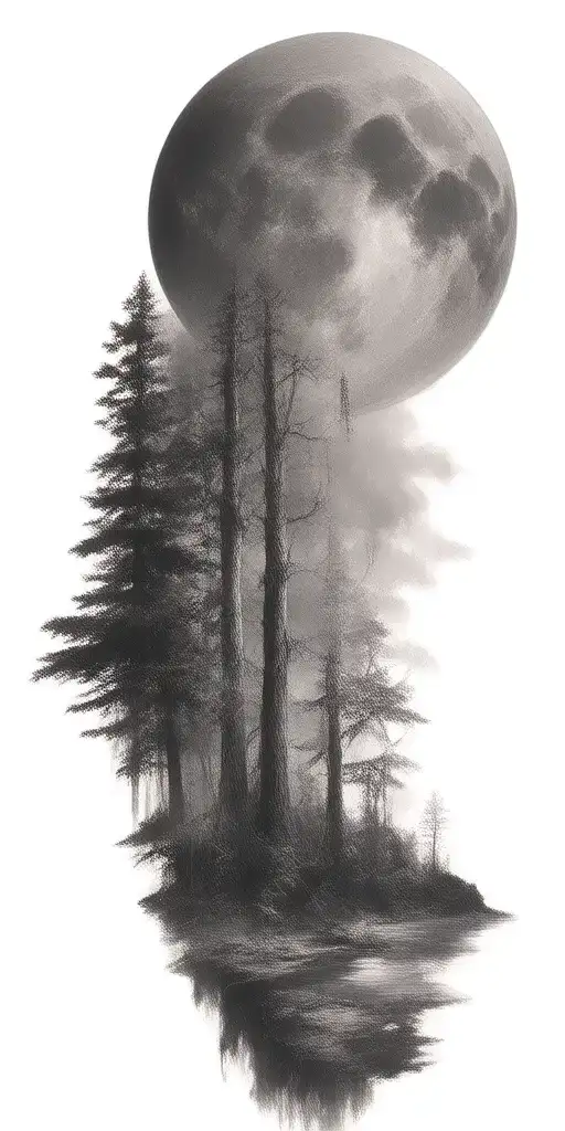 Massive Forest Landscape With Huge Moon In The Background