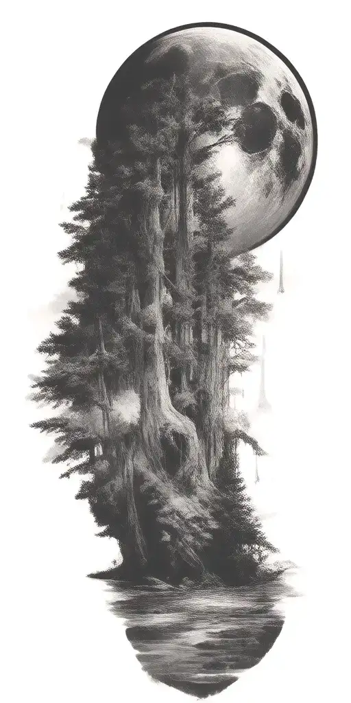 Massive Forest Landscape With Huge Moon In The Background