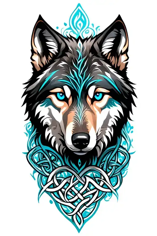 Wolf With Blue Eyes Featuring Celtic Tree Of Life Intertwined