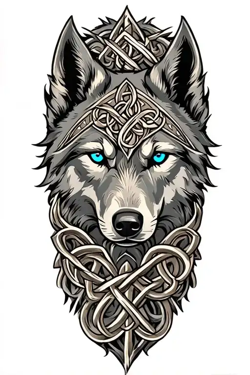 Wolf With Blue Eyes On Armor Tattoo Design Featuring Celtic Trinity Knot