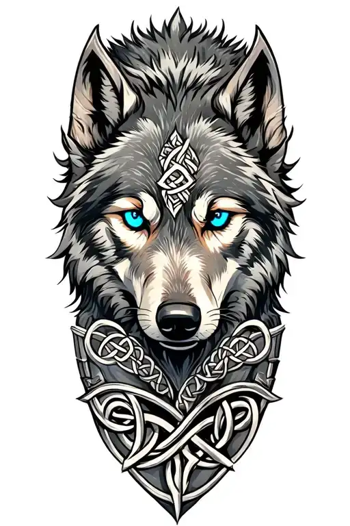 Wolf With Blue Eyes On Armor Tattoo Design Featuring Celtic Trinity Knot