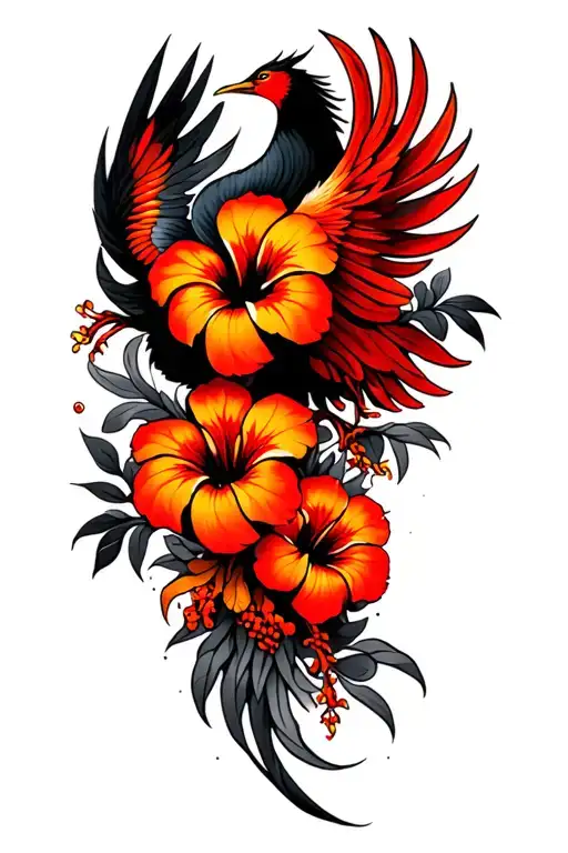 Psychedelic Hibiscus Flowers And Phoenix