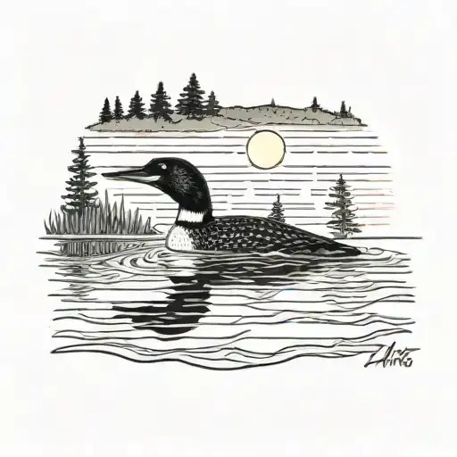 Common Loon Taking Off From A Lake In Front Of A Pine Tree With The Sun Setting Behind It
