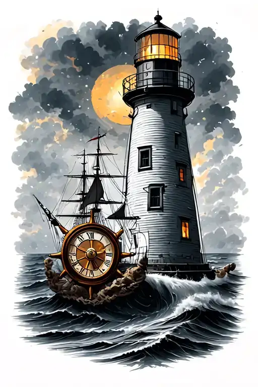 Lighthouse With Clock And Ships Wheel