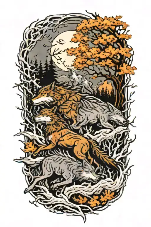 Wolves And Horses Running In A Thunderstorm And Blizzard Nature Forest And Tree Of Life