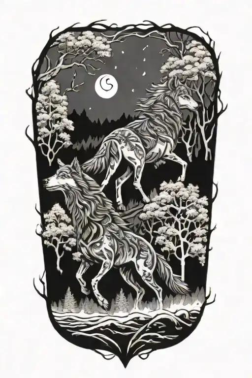 Wolves And Horses Running In A Thunderstorm And Blizzard Nature Forest And Tree Of Life
