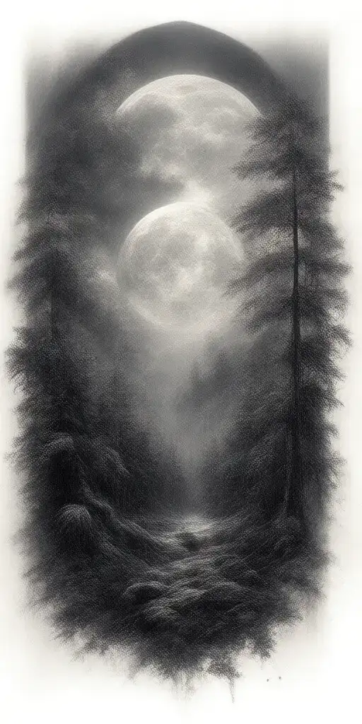 Massive Forest Landscape With Huge Moon In The Background