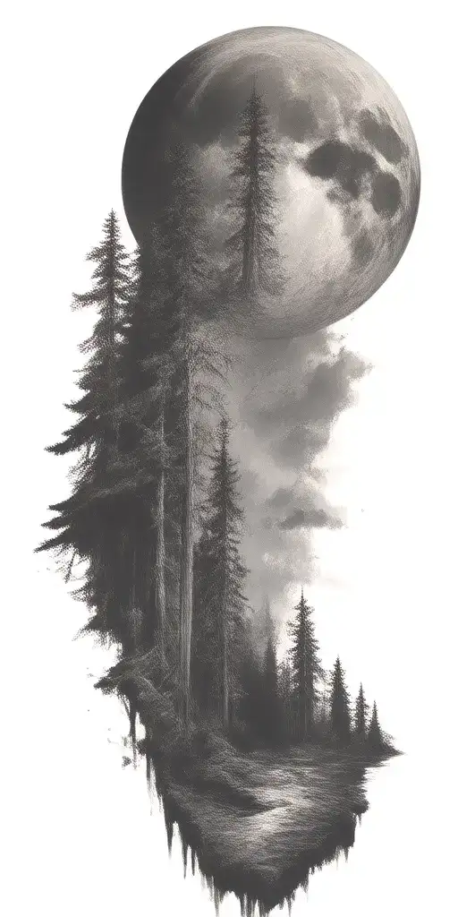 Massive Forest Landscape With Huge Moon In The Background