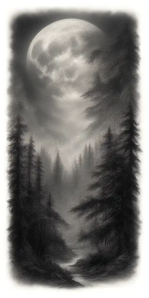 Massive Forest Landscape With Huge Moon In The Background