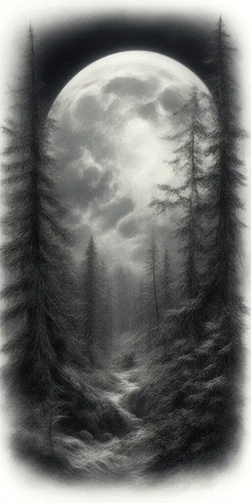 Massive Forest Landscape With Huge Moon With Stars In The Background