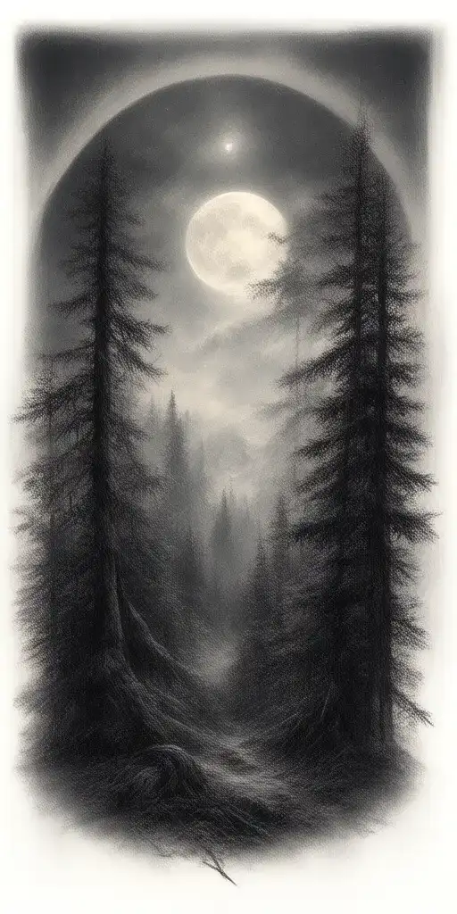 Massive Forest Landscape With Huge Moon With Stars In The Background