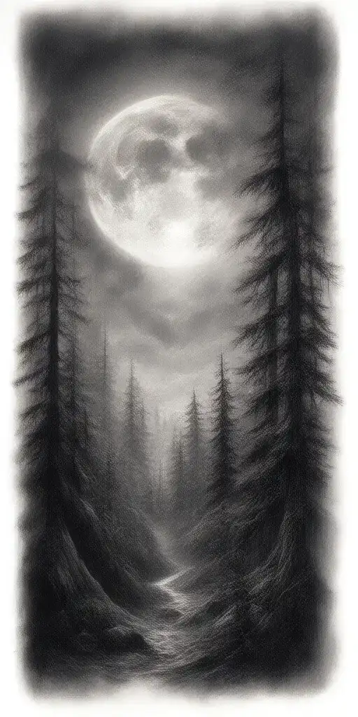 Massive Forest Landscape With Huge Moon With Stars In The Background
