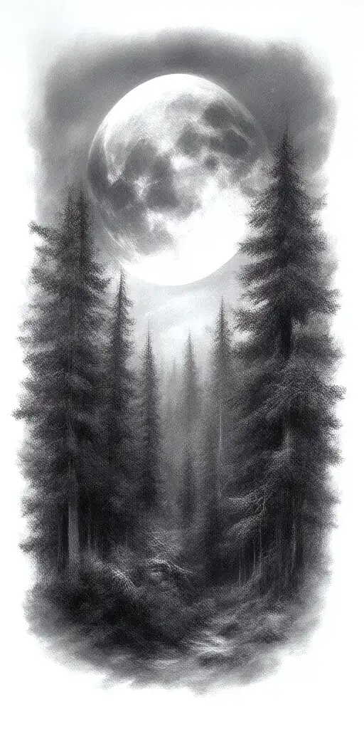 Massive Forest Landscape With Huge Moon With Stars In The Background